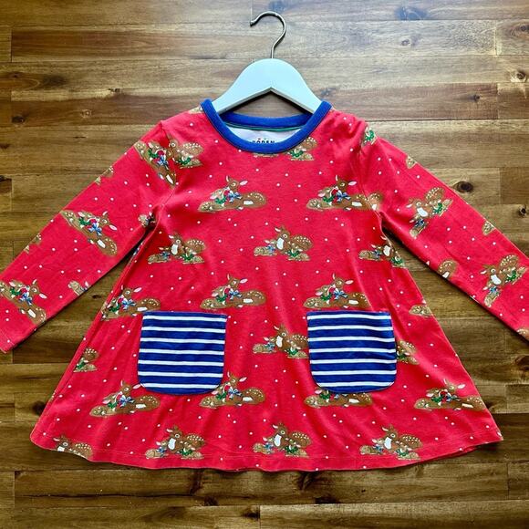 Mini Boden Red Navy Printed Deer Woodland Polka Dot Long Sleeve Tunic Knit Top - Picture 2 of 8